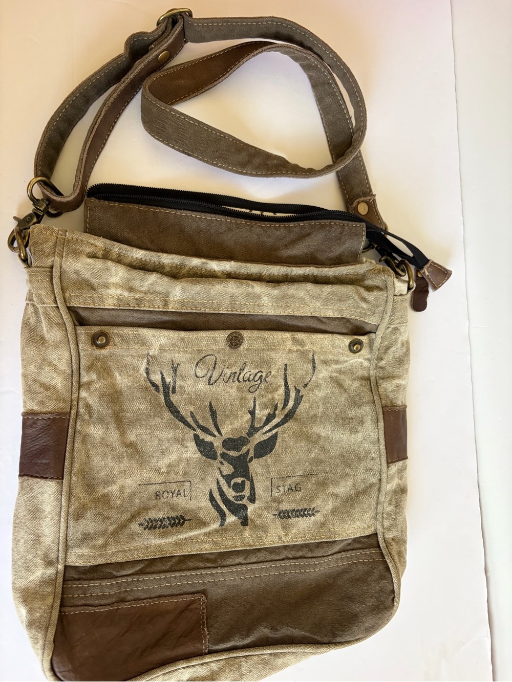 Vintage Stag Canvas Crossbody Bag in Brown